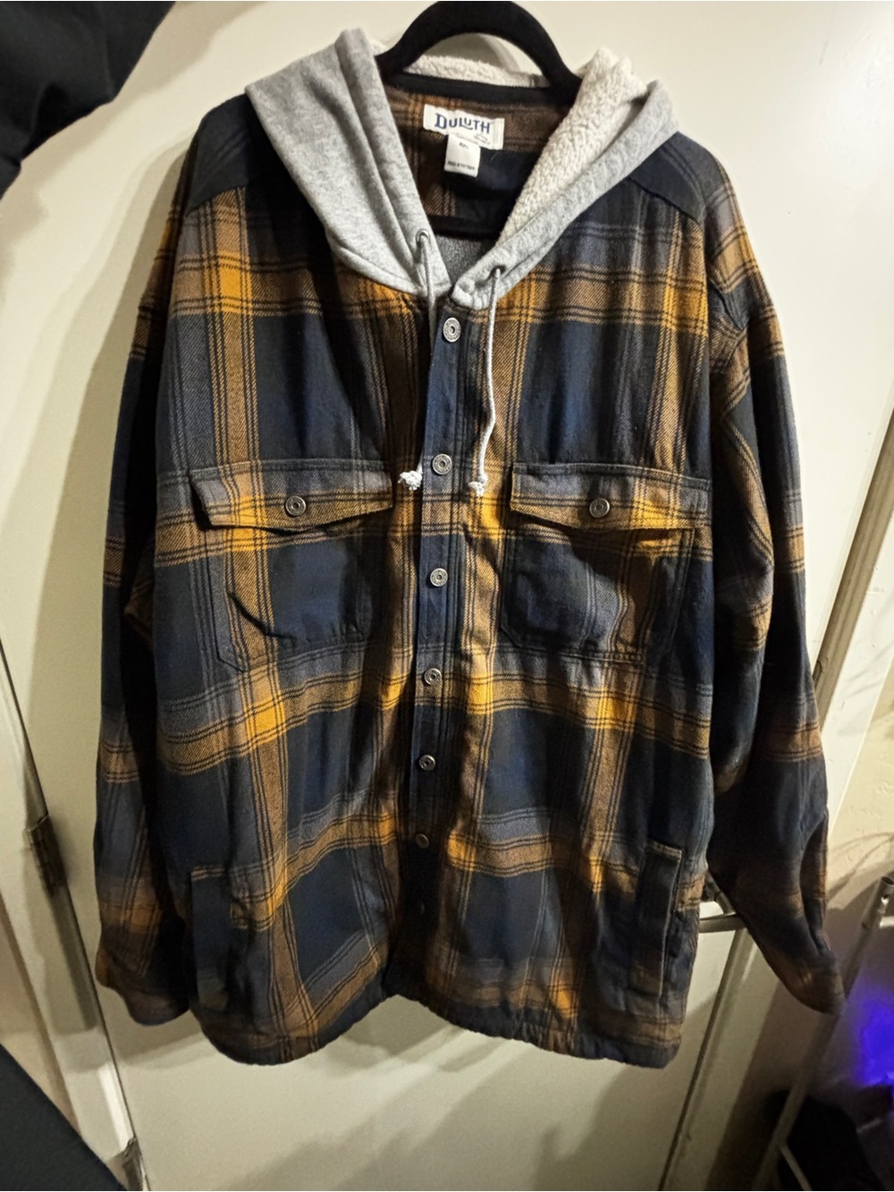 Duluth Trading Co Navy and Mustard Plaid   Relaxed Fit Hooded Shirt Jac 4XL
